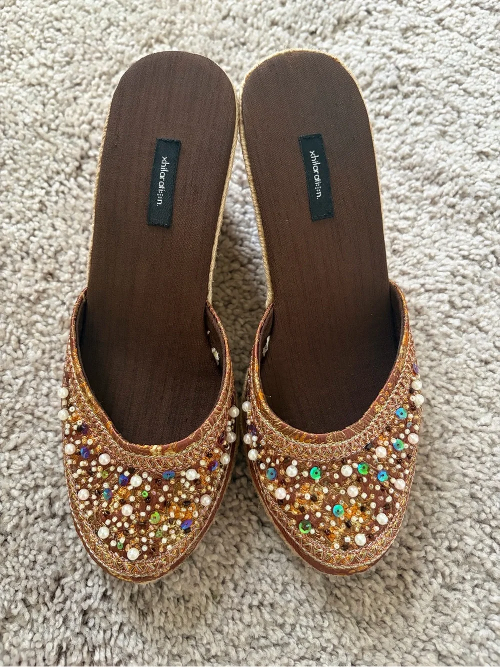 Embellished Beaded Boho Y2K Brown Wedge Mules by Xhilaration